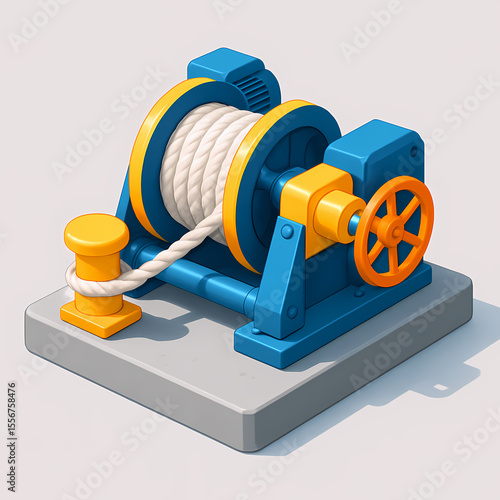 Isometric 3D Design for Port Business Operations, Heavy-duty mooring winch with rope on a gray concrete base — colorful and practical.
