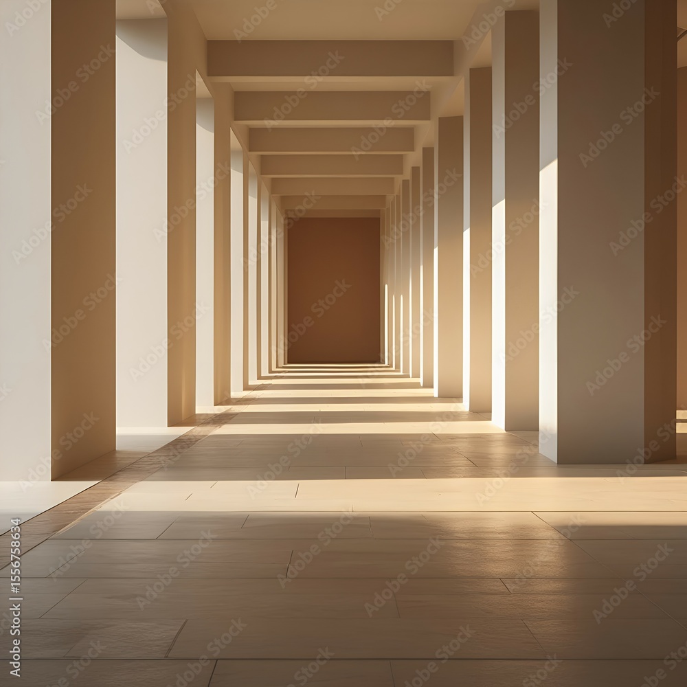 Fototapeta premium Empty, sunlit colonnaded walkway, leading to a distant point.