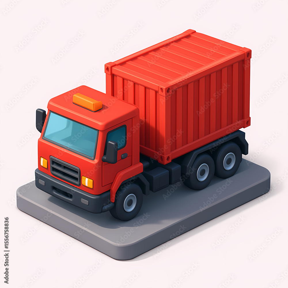 Isometric 3D Design for Port Business Operations, Container Truck - Red cab with flatbed trailer carrying container on gray concrete base. Isometric 3D Design for Port Business Operations, Container Truck - Red cab with flatbed trailer carrying container on gray concrete base.