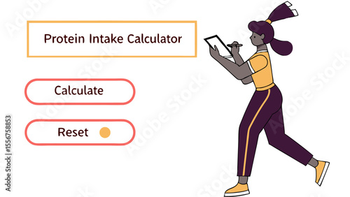 Illustration of a woman using a protein intake calculator with calculate and reset buttons on the screen