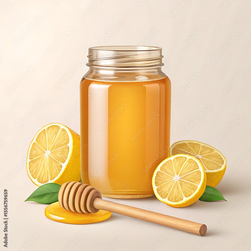 Jar of Honey with Wooden Dipper and Lemon Slices Jar of Honey with Wooden Dipper and Lemon Slices