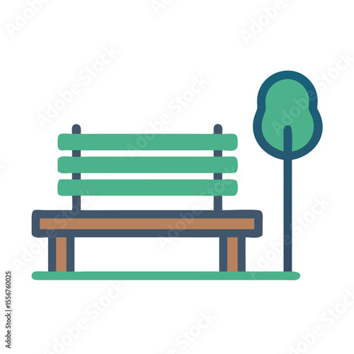 Stylized park bench illustration in flat color aesthetic