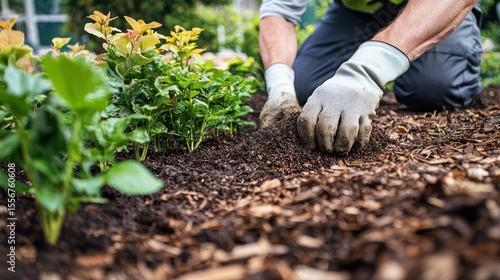 A gardener laying down mulch in a garden bed to help retain moisture and protect plants.
