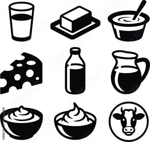 Black and white dairy product icons including milk cheese and butter