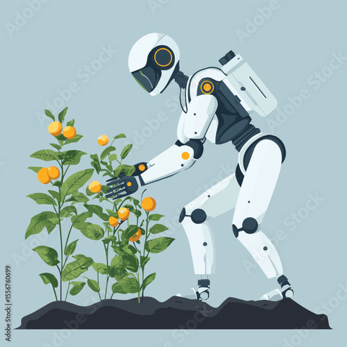 Smart AI farming solutions. Modern Robot agriculture technology. Flat vector illustration