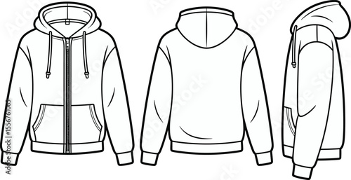  Blank Zipper Hoodie Sweatshirt Technical Fashion Flat Sketch Template, Front Back Side Views Pullover Vector Illustration