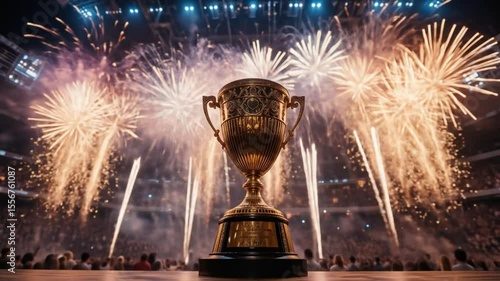 A triumphant gold trophy stands before a vibrant fireworks display and cheering crowd