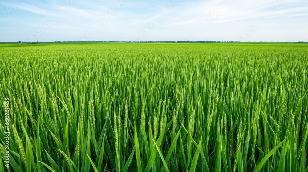 Fototapeta premium Lush Green Rice Field Under a Clear Blue Sky in a Rural Landscape