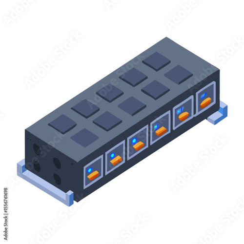 Isometric server network equipment array against a black backdrop