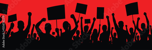 Protest crowd vector illustration with raised fists and signs on red background symbolizing revolution and resistance