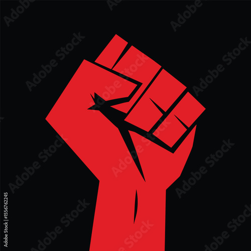 Red raised fist vector symbol representing protest, revolution, solidarity, and resistance on black background