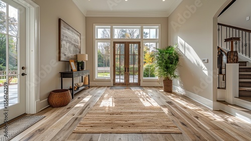 Stylish interior hallway with bench and wall art