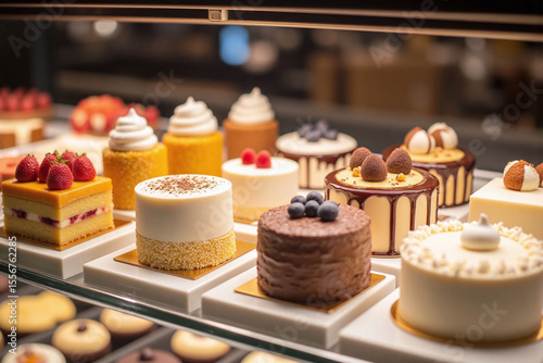 display case filled with lots of different types of cakes