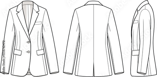 Women's Classic Formal Business Blazer Jacket Flat Fashion Sketch Template Design, Elegant Professional Smart Casual Apparel for Work Office, Front Back Side View Isolated White Background