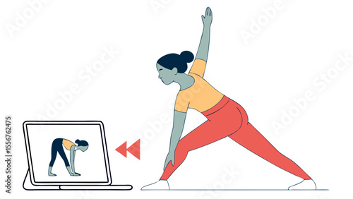 Woman in triangle pose mirroring a yoga video on a laptop screen with rewind symbols nearby online class