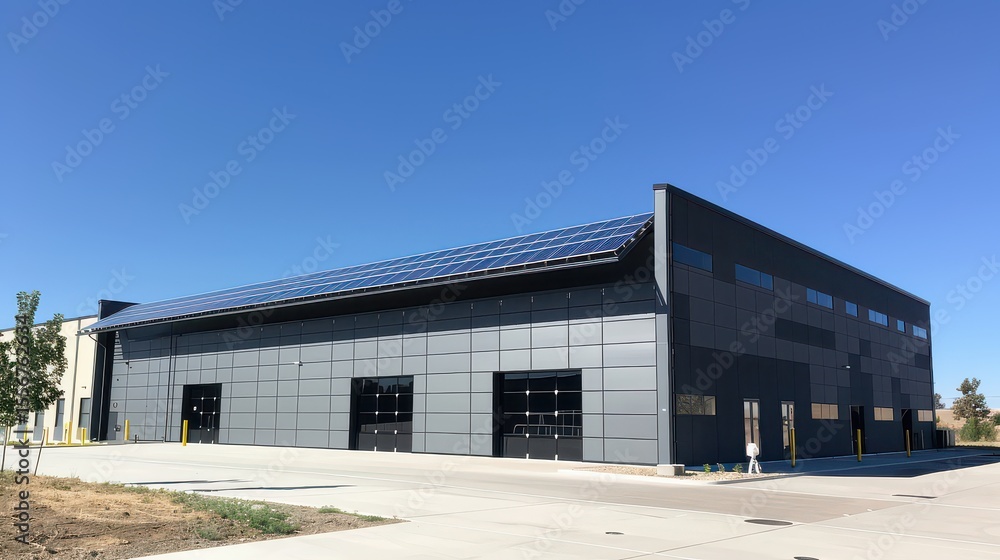 Fototapeta premium Solar panel array on an industrial building with clear blue sky in the background.