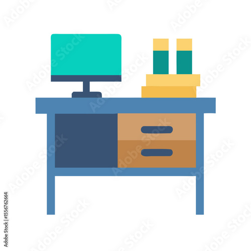 Simple desk with computer and books in flat style