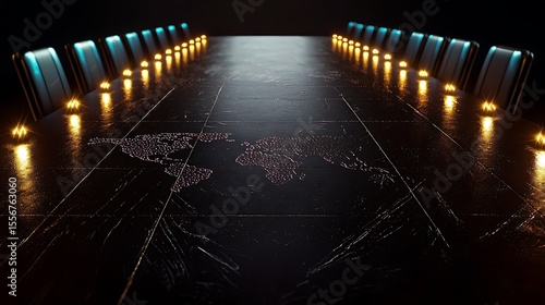 World map inlaid on a dark conference table with teal chairs and candles