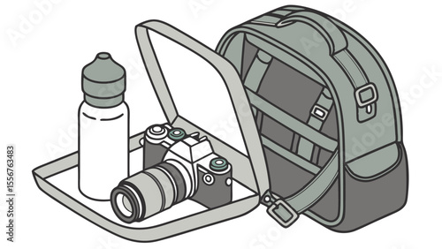 A camera and a bottle are placed on a tray next to an open bag with straps and buckles visible inside
