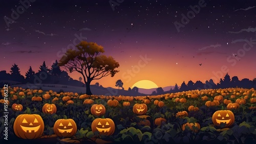Landscape of a halloween pumpkin patch at the magical hour of twilight. The sky is a smooth, clean gradient of deep purple to soft orange, with a few simple stars twinkling above. 
