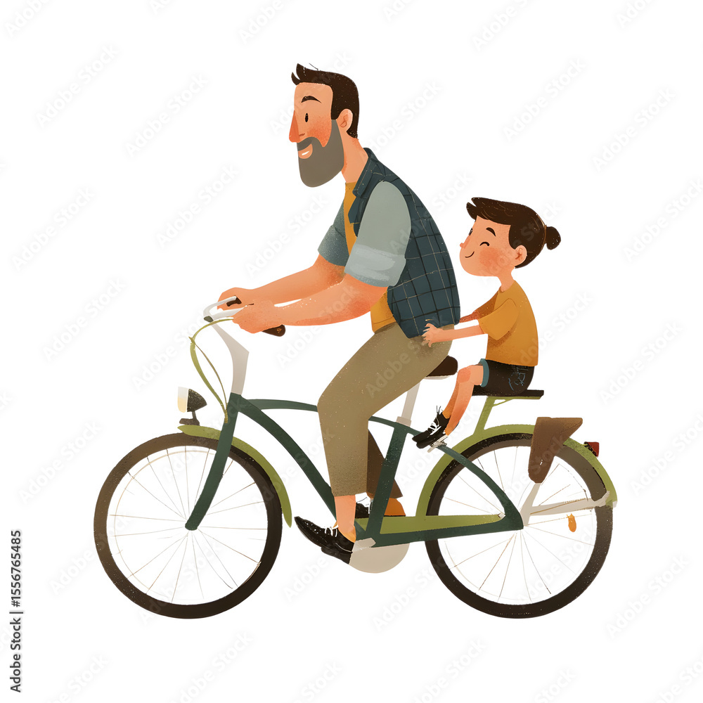 Naklejka premium A cartoon illustration of a happy father riding a bicycle with his smiling child, perfect for family and lifestyle content.