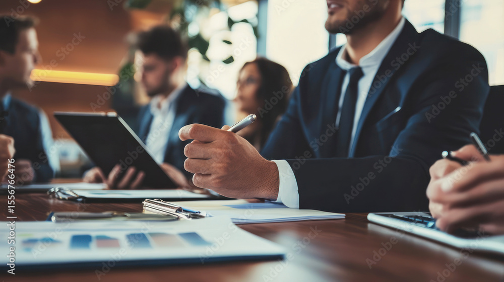 A negotiator confidently making their point in a meeting, while others listen and take notes, with business documents on the tab A negotiator confidently making their point in a meeting, while others listen and take notes, with business documents on the tab