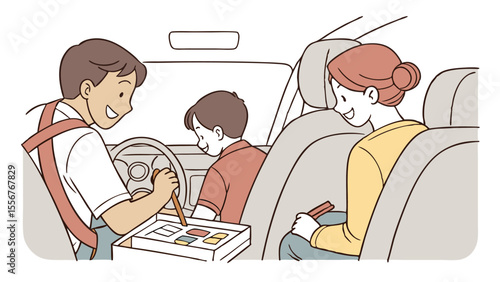 Family in car with father driving and son playing with colors and mother looking at him happily