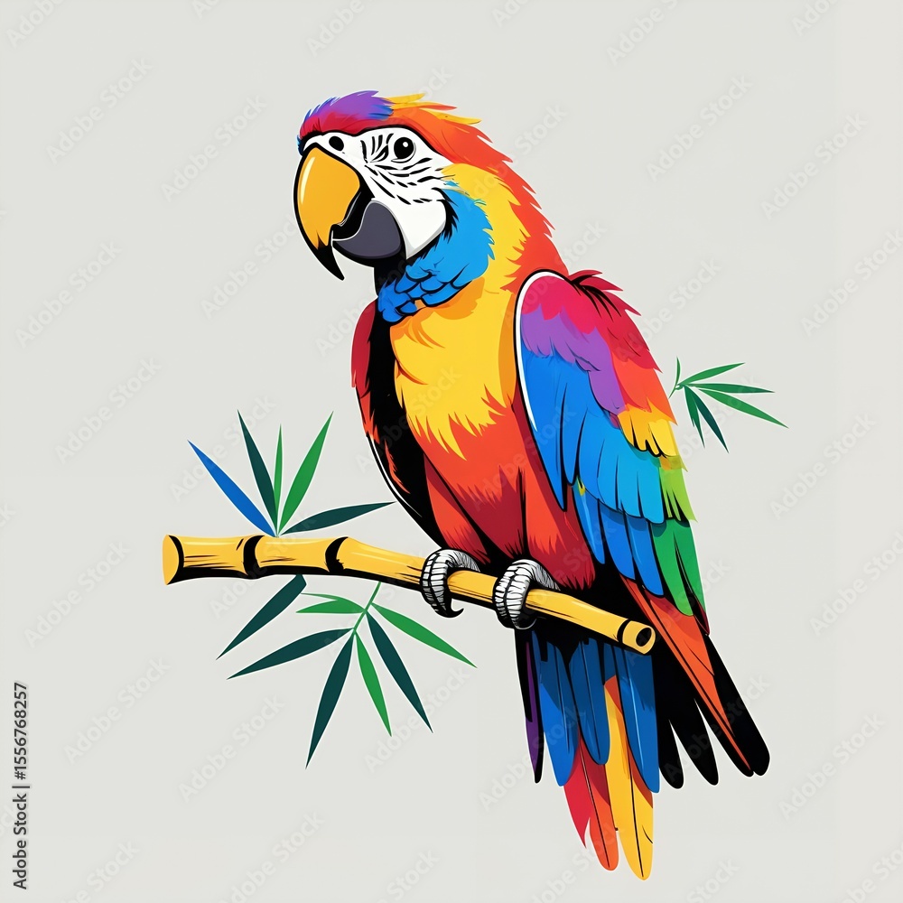 Obraz premium Colorful Macaw Parrot Perched On Bamboo Branch Against Gray Background
