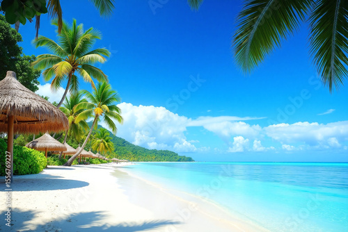 white sandy beach with palm trees and thatched huts