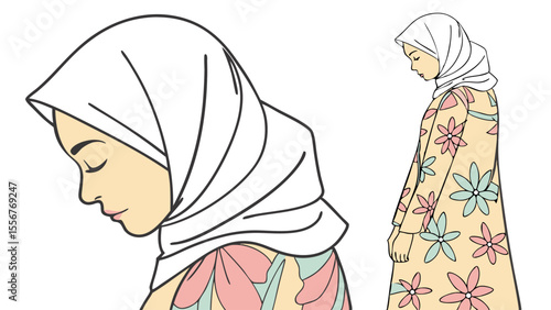 Two illustrations of a woman wearing a hijab and a floral dress with her head bowed in a modest pose