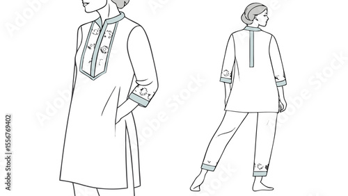 Illustration of a woman wearing a tunic and pants with floral embroidery and a mandarin collar design