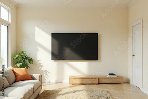 Empty living room mockup a TV wall mounted with sofa in living room with cream color wall. 3D rendering. Front view. 