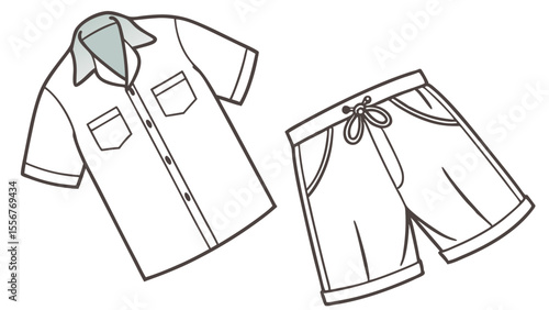 Illustration of a short sleeved shirt with pockets and shorts with drawstring on a white background