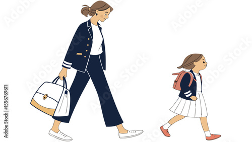 A woman in a blazer and slacks walks with a girl in a school uniform and backpack on a white background