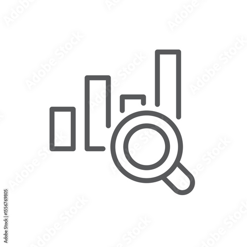 Line style icon of a bar chart with a magnifying glass, representing data analysis, statistical research, and business performance investigation