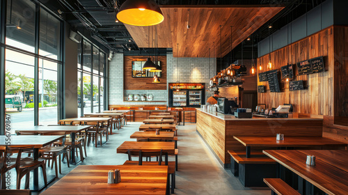 A modern fast casual restaurant interior with clean, minimalist design and wooden tables.