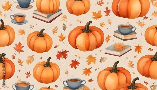 Warm watercolor seamless pattern of books and pumpkins with fall leaves, creating a cozy autumn-inspired background