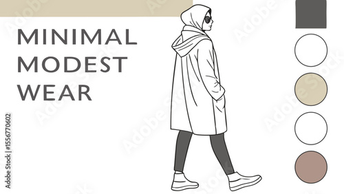 Illustration of a woman in modest fashion wearing a hijab coat trousers and boots in minimal style design