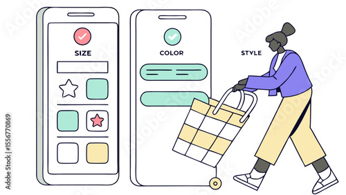 Woman shopping online with mobile app showing size color and style options and a shopping cart on wheels