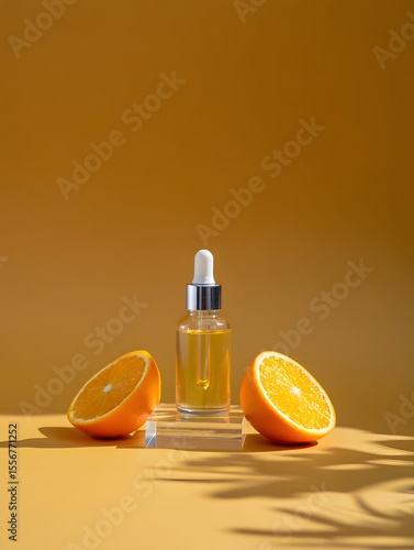 Orange vitamin c serum in dropper bottle with fresh orange halves on yellow background