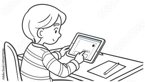 Boy sitting at desk using tablet with pencil and paper for drawing or schoolwork illustration
