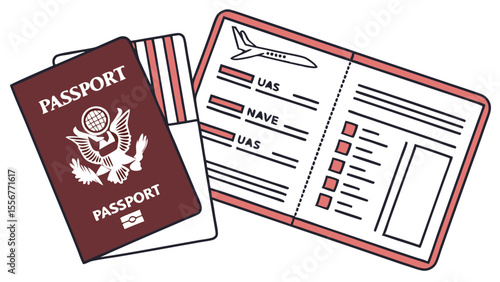Illustration of a united states passport with a boarding pass ready for international travel use