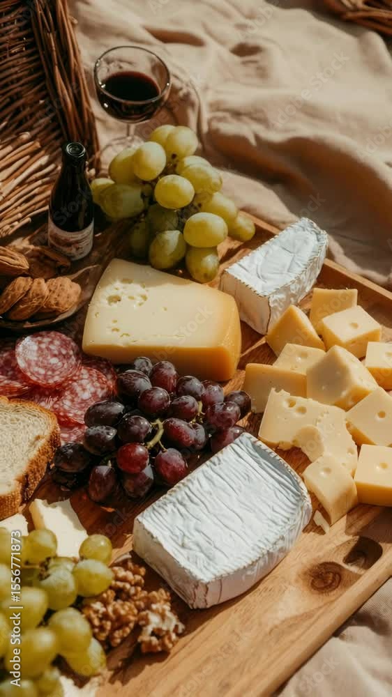 Delightful Outdoor Picnic Platter with Cheese, Grapes, Salami, and Crackers for Enjoying Wine with Friends and Family. Vertical video Delightful Outdoor Picnic Platter with Cheese, Grapes, Salami, and Crackers for Enjoying Wine with Friends and Family. Vertical video