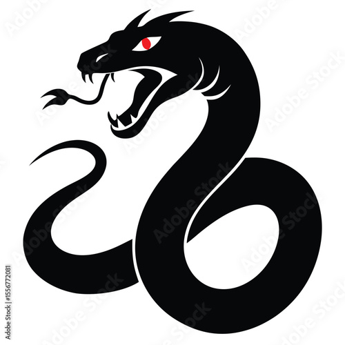  Aggressive black snake silhouette with open mouth and fangs, perfect for danger, wild, reptile, jungle, or tattoo vector themes.