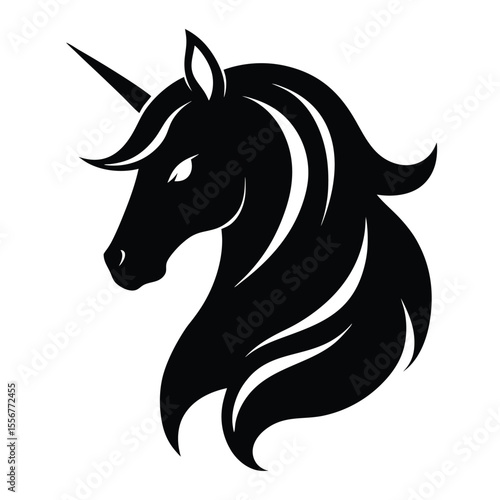 Elegant unicorn head icon in silhouette, representing fantasy, magic, mythical creatures, fairy tales, and imaginative design themes.