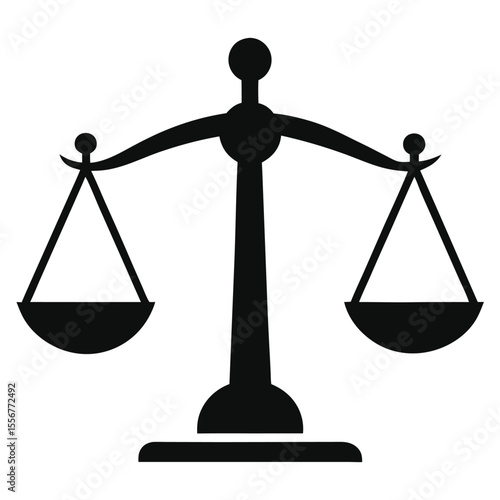 Balanced justice scales icon in silhouette, symbolizing law, fairness, legal services, court systems, and human rights graphics.