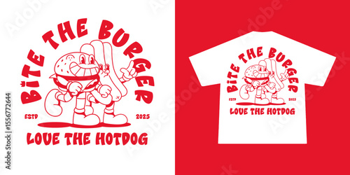 Funny cartoon character of burger and hotdog. Can be used as Sticker, posters, prints. Retro cartoon style.	