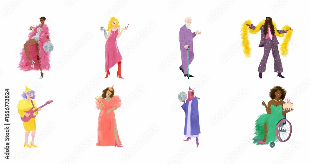 Colorful illustrations of diverse people in festive party attire, some with party hats, holding cakes and playing guitar. Colorful illustrations of diverse people in festive party attire, some with party hats, holding cakes and playing guitar.