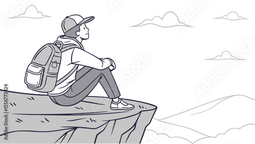 A person with a backpack sitting on a cliff edge looking out at the clouds and the mountains in the distance