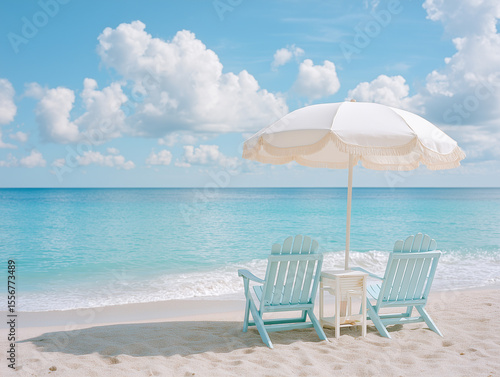 パラソルとチェアが並ぶ美しい海辺の風景　青空と白い雲が広がる南国ビーチの景色